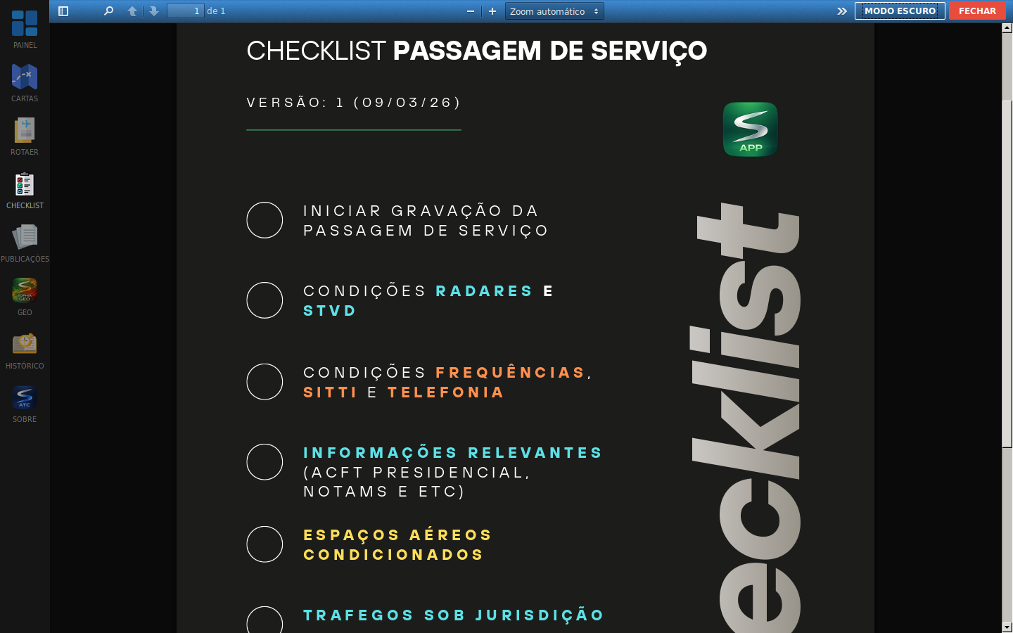Checklist de passagem de serviço no SOPHIA APP